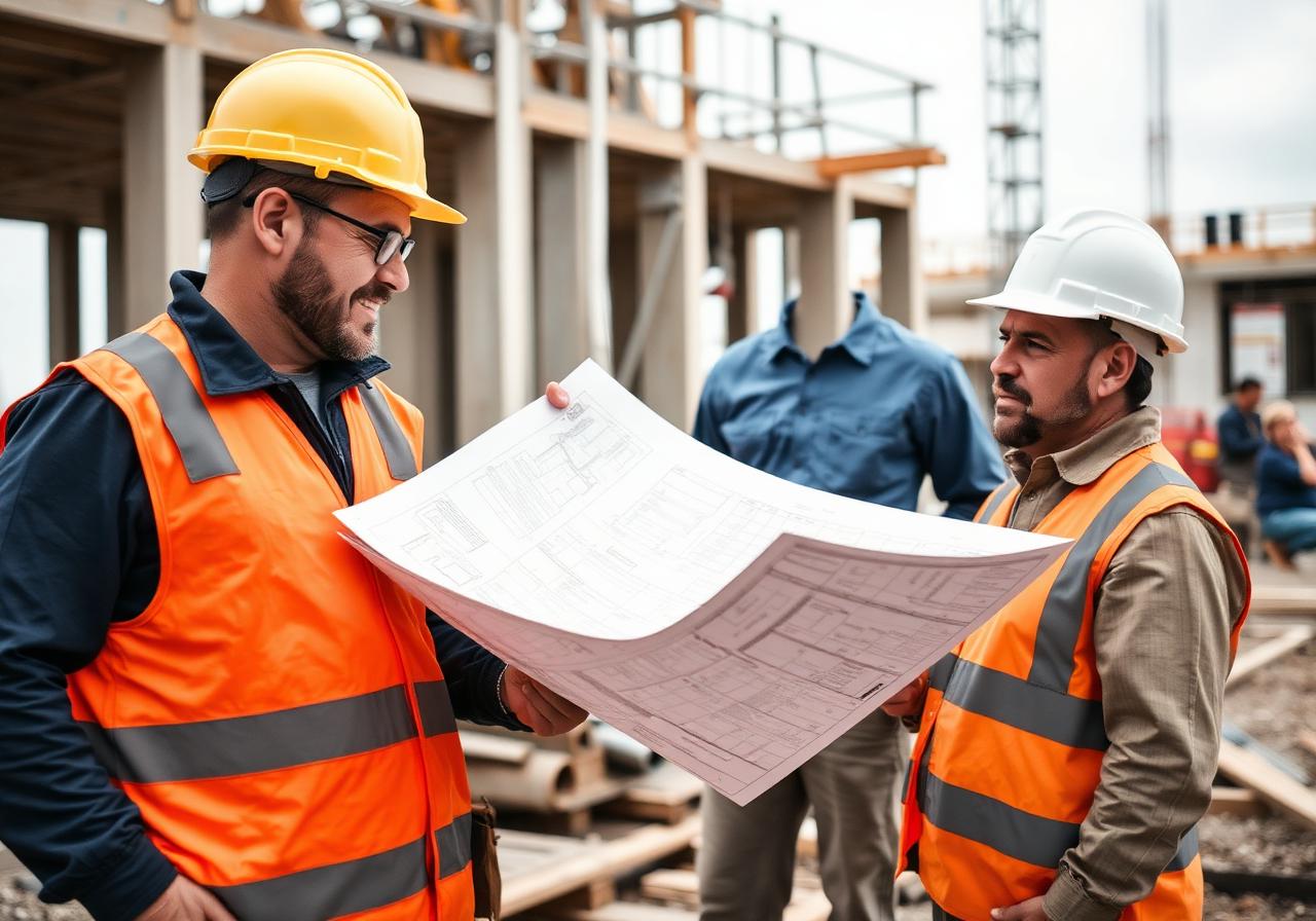 JNJRQ Contracting site team reviewing blueprints